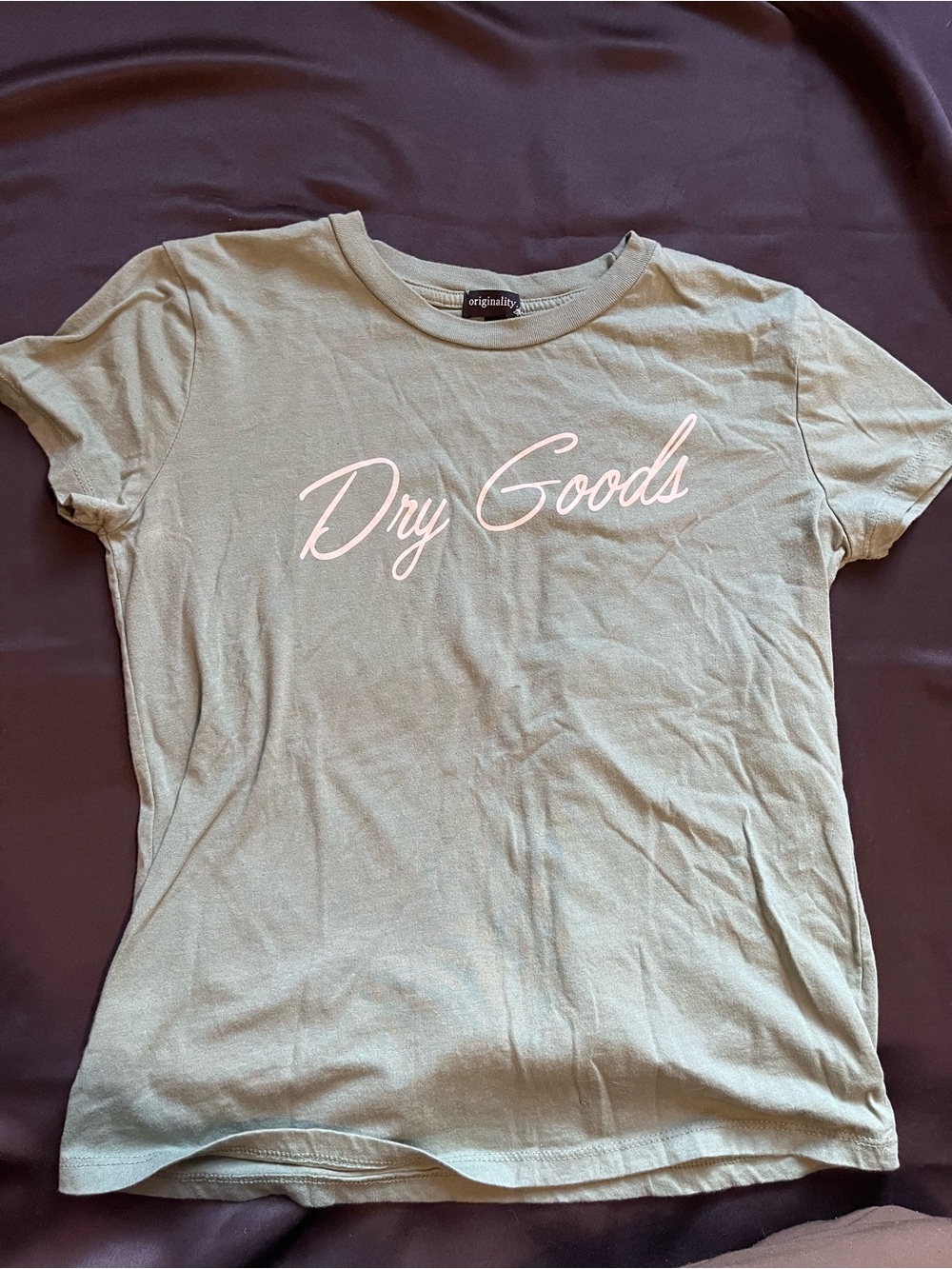 Dry Goods Olive Tee with Pink Script Logo